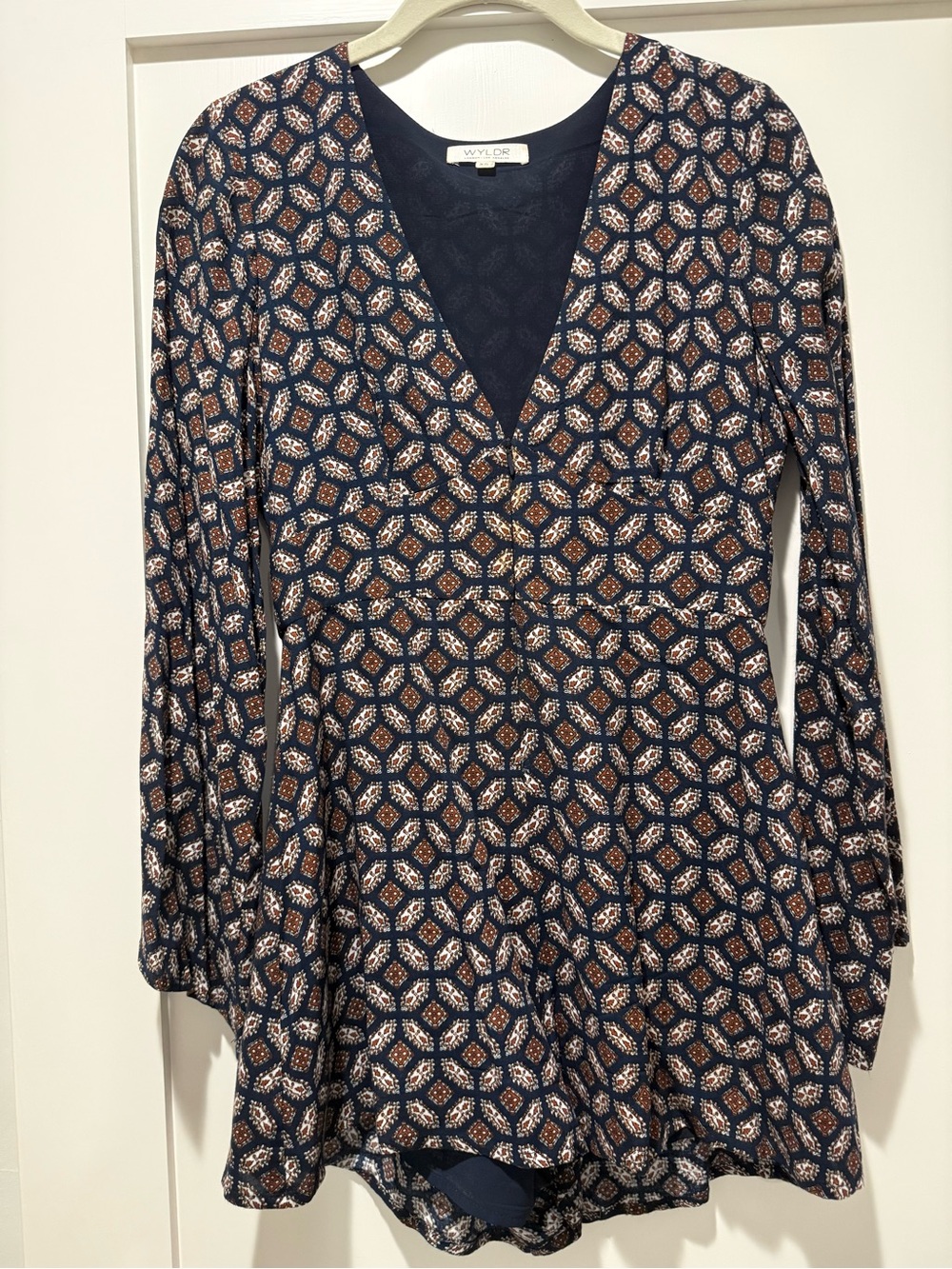 WYLDR Navy & Brown Geometric V-Neck Long Sleeve Romper